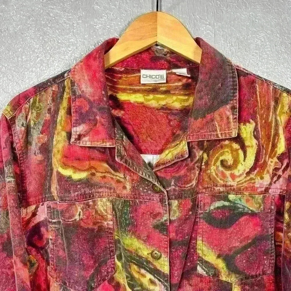 CHICO'S Red Swirl Galactic Button Up Top Corduroy Cotton Casual Collar Women XL - Picture 2 of 12